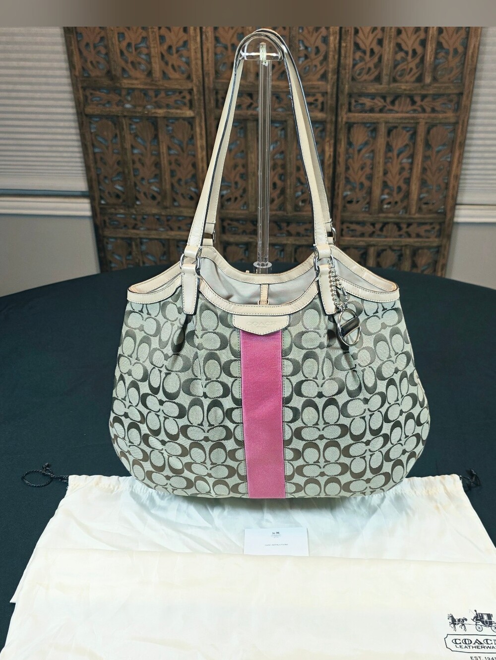 Coach Signature Canvas Nancy Tote with Pink Stripe